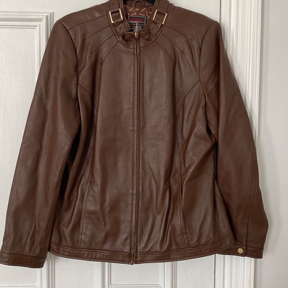 Bradley by Bradley Bayou Women's Crew Neck Leather Moto Jacket Brown Large